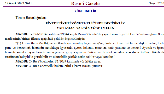Lokanta, Restoran, Kafe ve Pastanelere Fiyat Listesi Kapı ve Masalara Konulması Zorunlu Hale Geldi