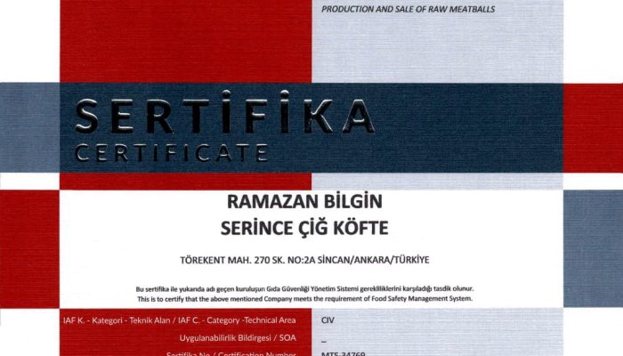 SERİNCE ÇİĞ KÖFTE AKREDİTE MARKA VE KALİTE BELGELERİ YENİLENDİ